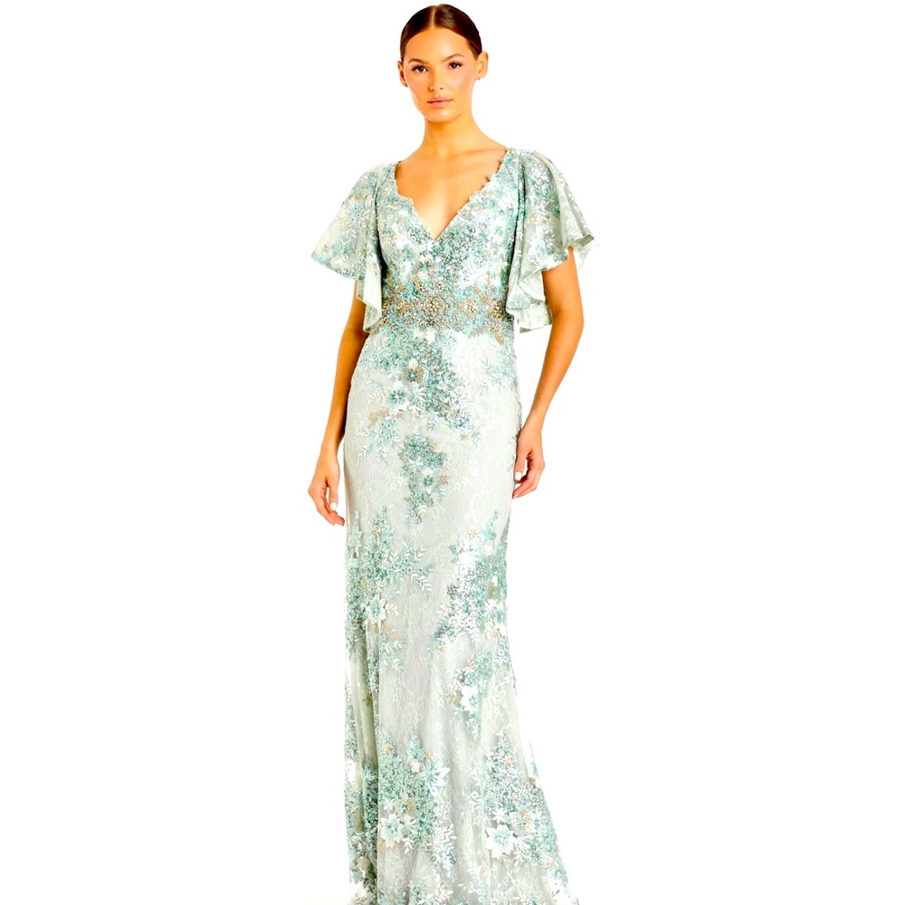 Mac Duggal Mint Green Floral Embellished Maxi Dress